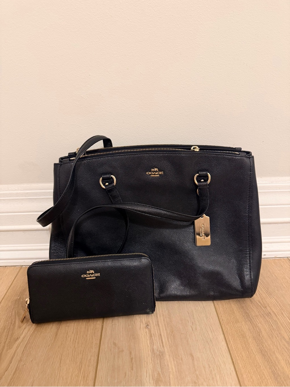 Coach Black Leather Tote with Gold Hardware and Matching Wallet